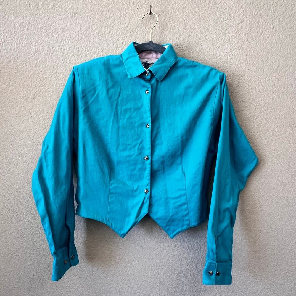 Vintage Western 1980s Blue Retro Cropped Button-Up rodeo Shirt